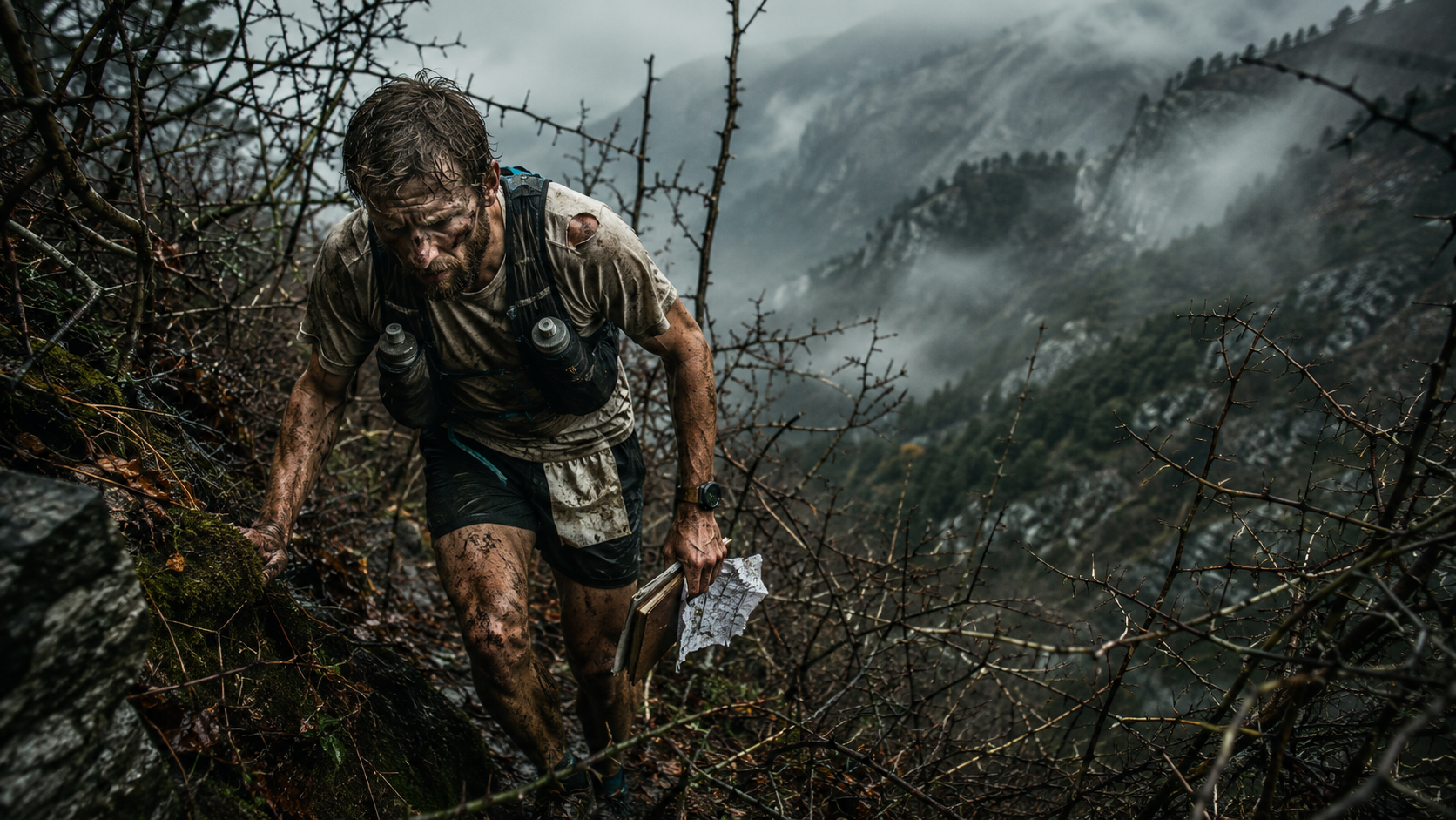 Vyčerpaný běžec v trnitém horském lese během Barkley Marathons