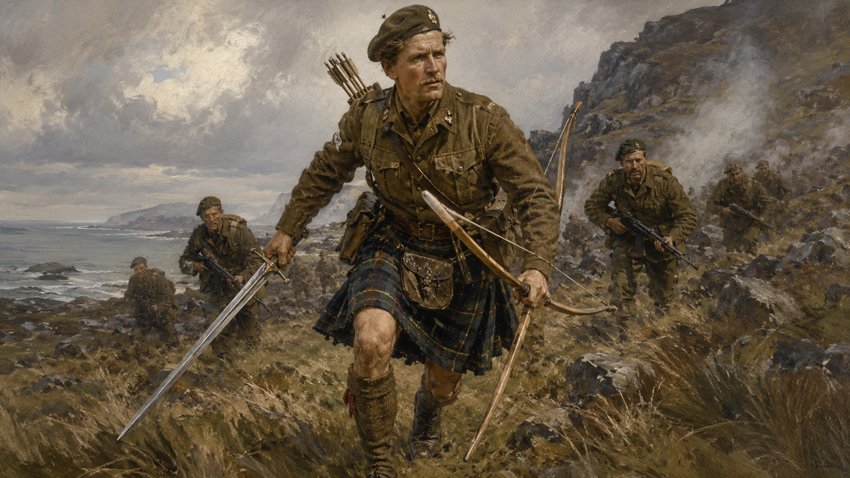 Jack Churchill s lukem a mečem vede vojáky do boje