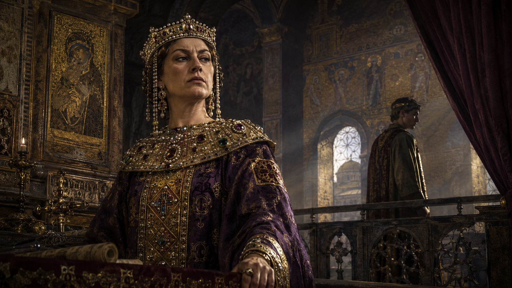 Irena Athénská jako byzantská vládkyně v paláci