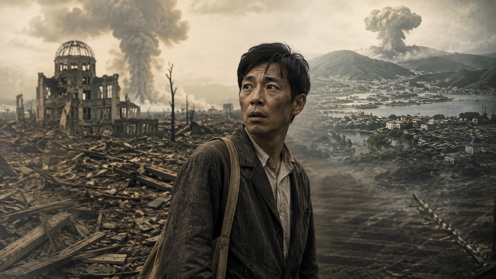 Tsutomu Yamaguchi na pozadí Hirošimy a Nagasaki po atomových útocích
