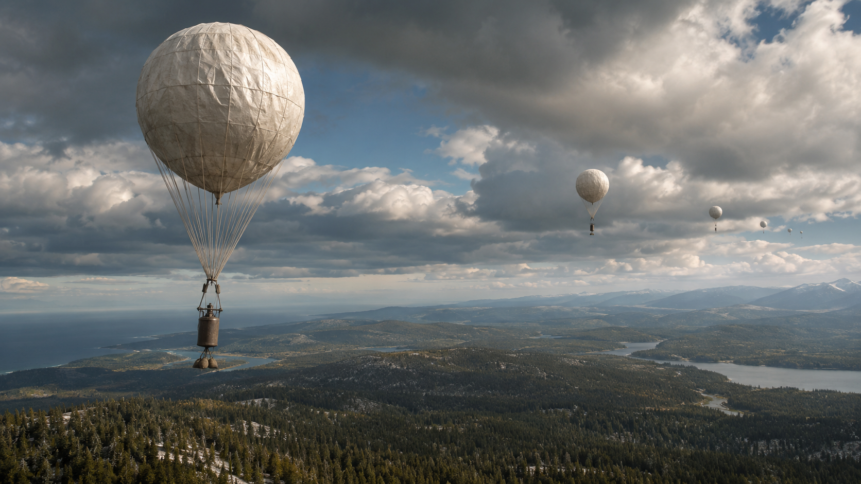 Japonské balony Fu Go letí nad severoamerickou krajinou