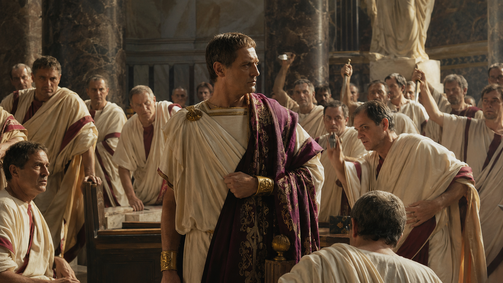 Julius Caesar obklopený senátory v napjaté chvíli