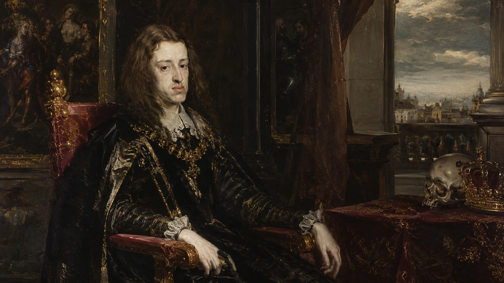 Karel II. Španělský jako křehký habsburský panovník v barokním interiéru