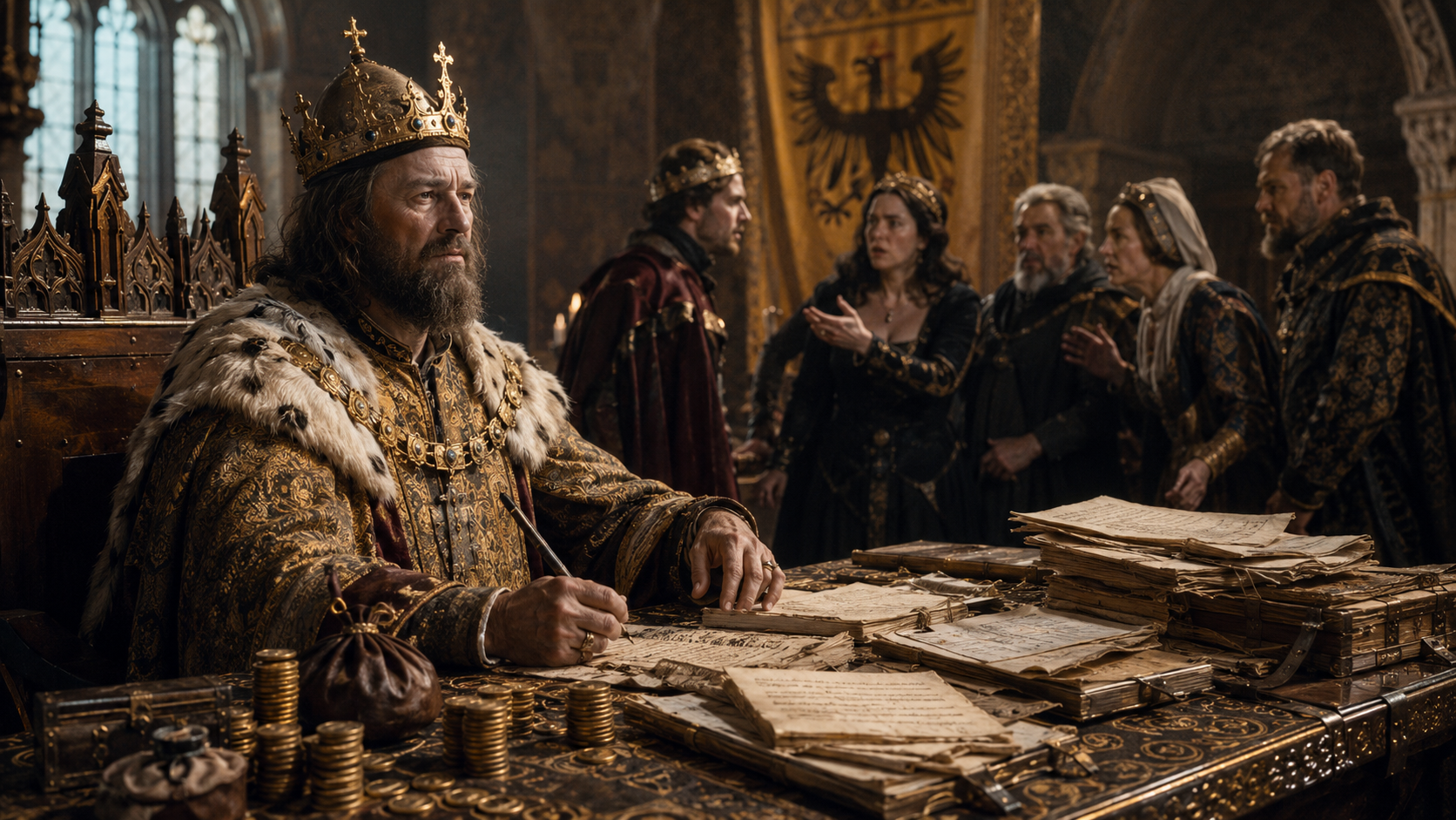 Karel IV. u stolu s listinami, mincemi a členy dvora