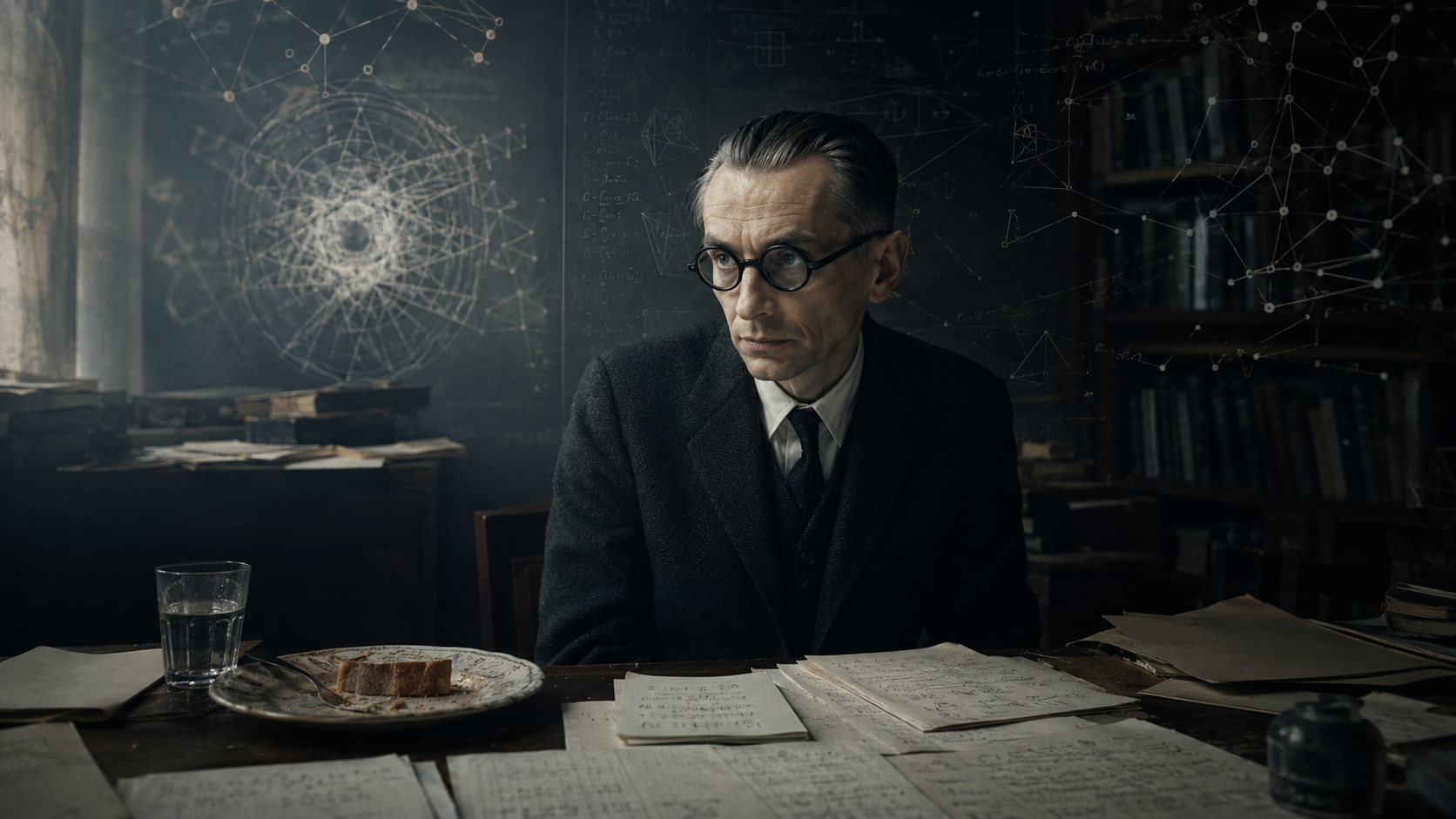 Kurt Gödel ve studovně obklopený matematickými poznámkami