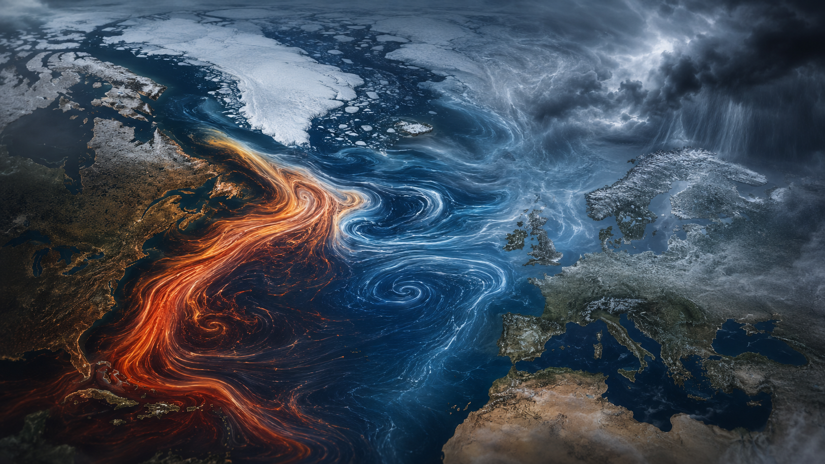 Mapová ilustrace Atlantského oceánu s proudy mezi Amerikou a Evropou