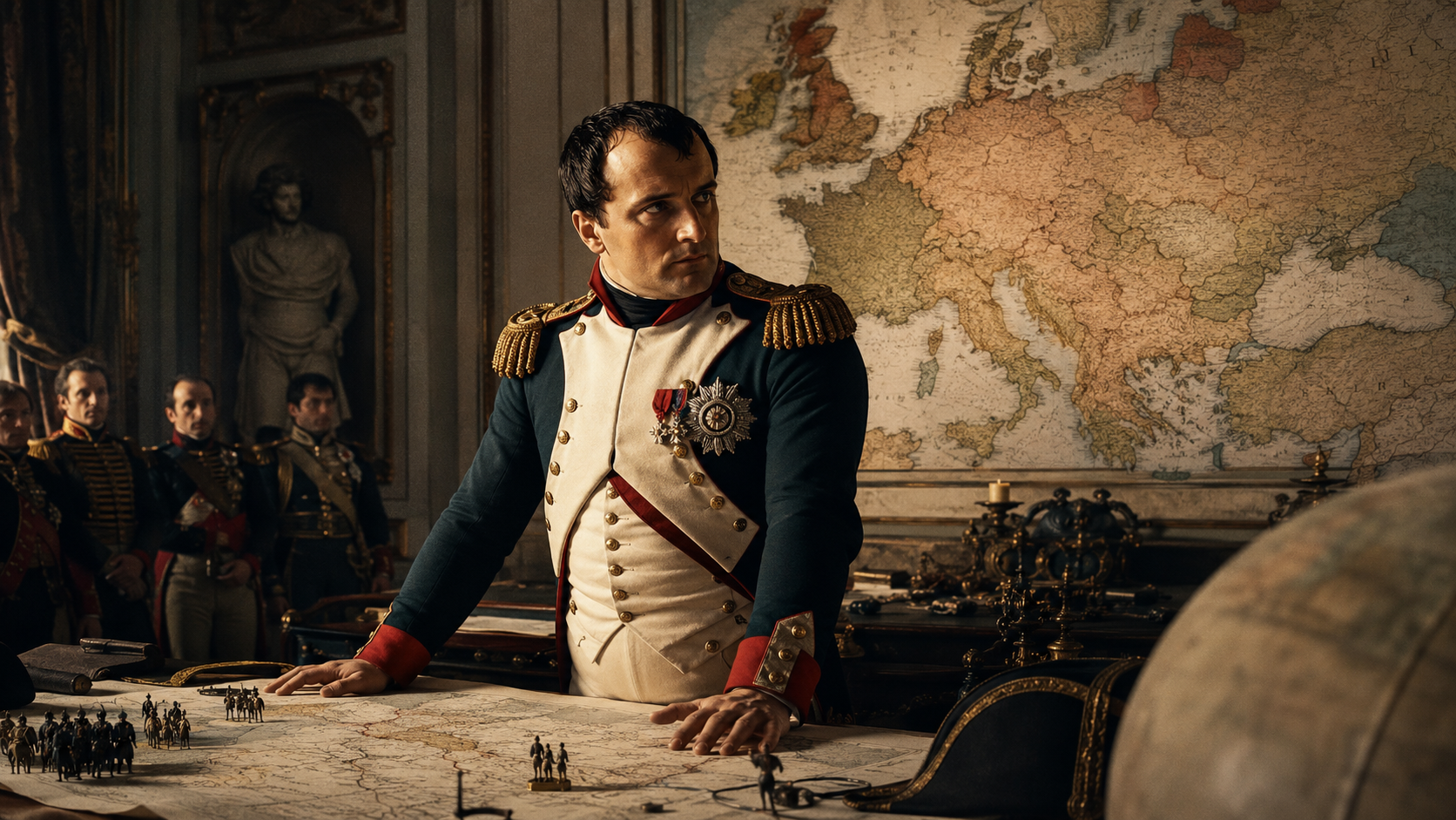Napoleon nad mapou Evropy v poradní místnosti