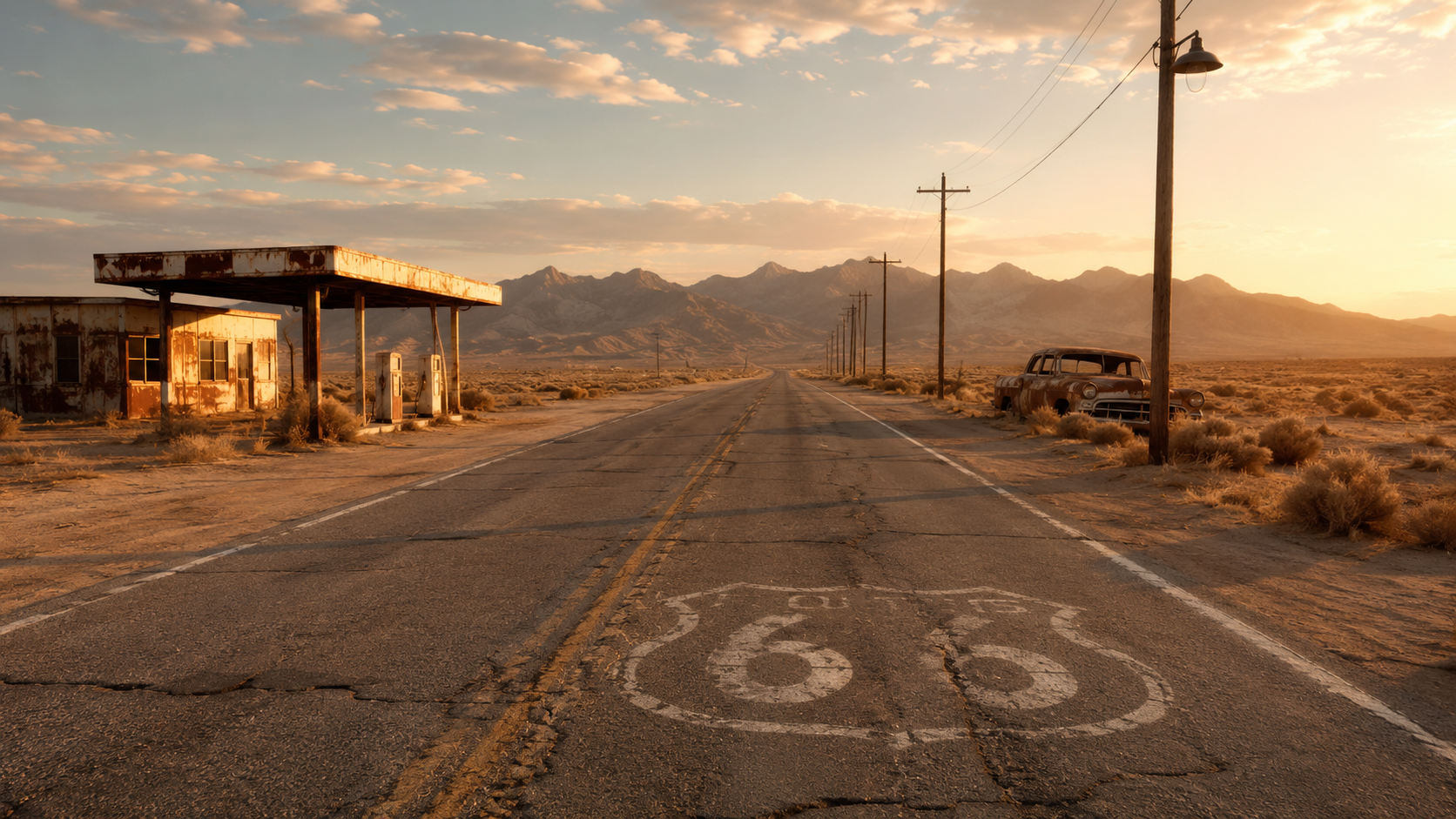 Opuštěný úsek Route 66 s prázdnou benzinkou v poušti
