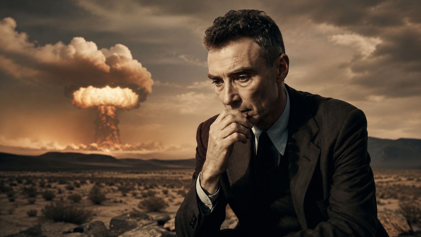 J. Robert Oppenheimer s atomovým výbuchem v pozadí