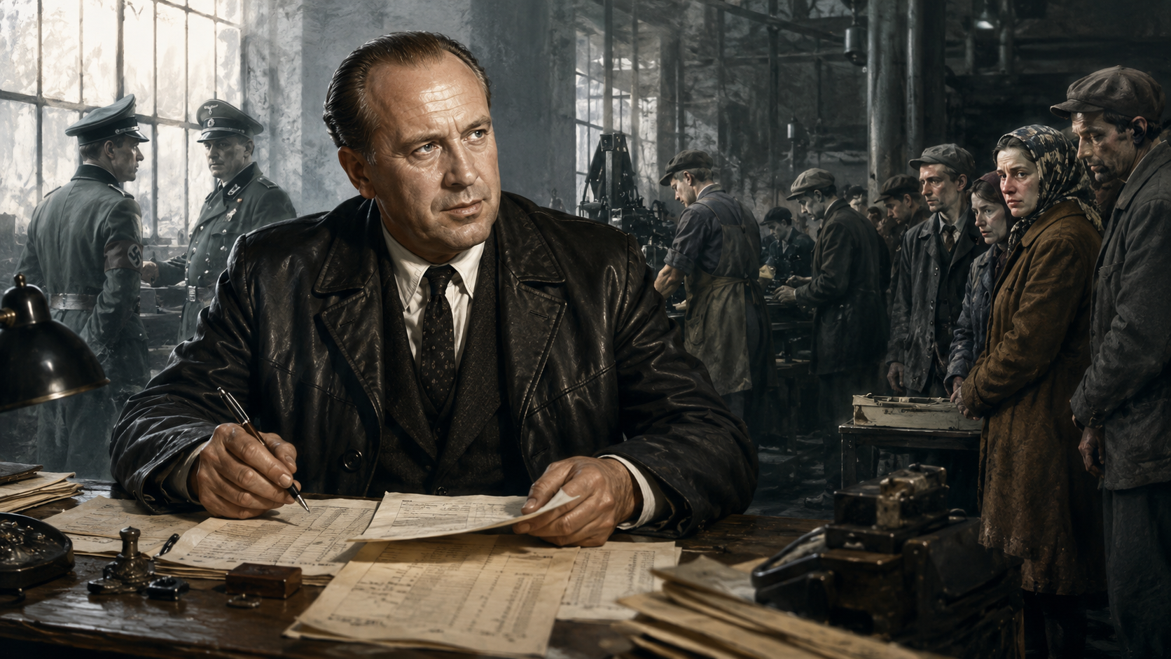 Oskar Schindler ve válečné továrně mezi seznamy a dělníky