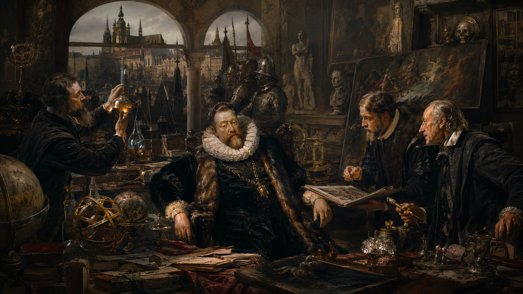 Rudolf II. v kabinetu plném umění a vědeckých přístrojů