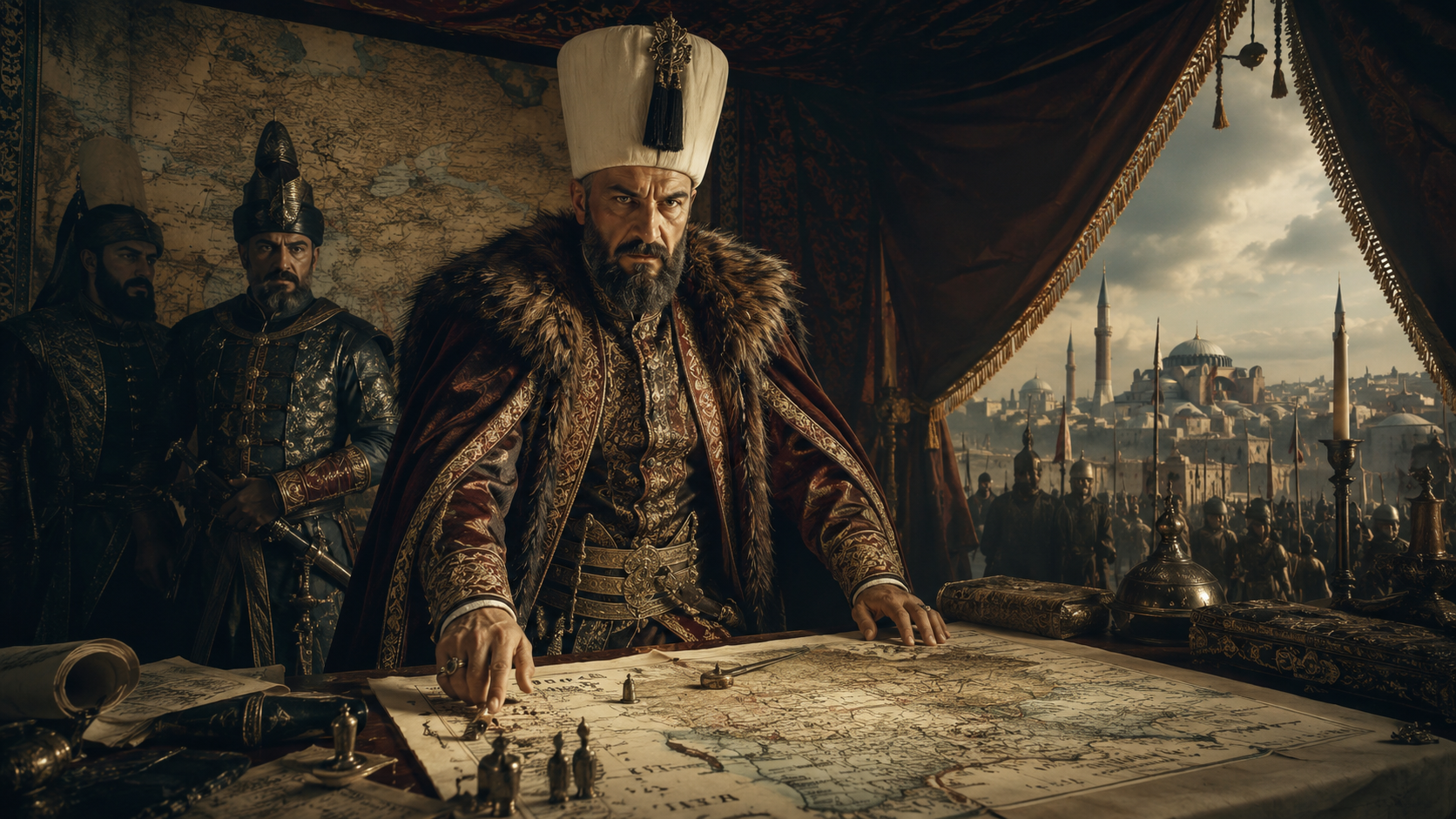 Selim I. v osmanském vojenském stanu nad mapou tažení