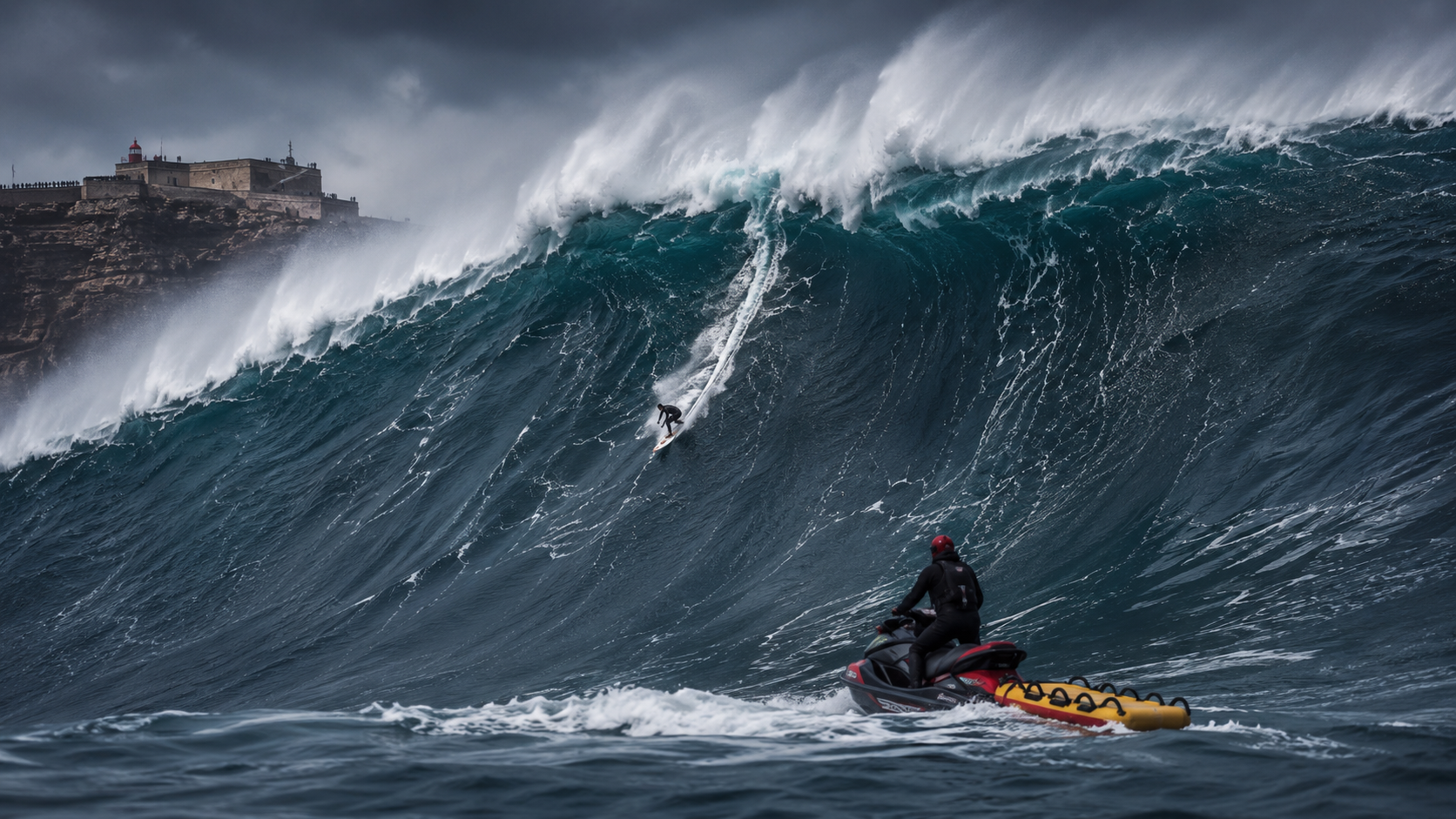 Surfař na obří vlně v Nazaré s vodním skútrem v popředí