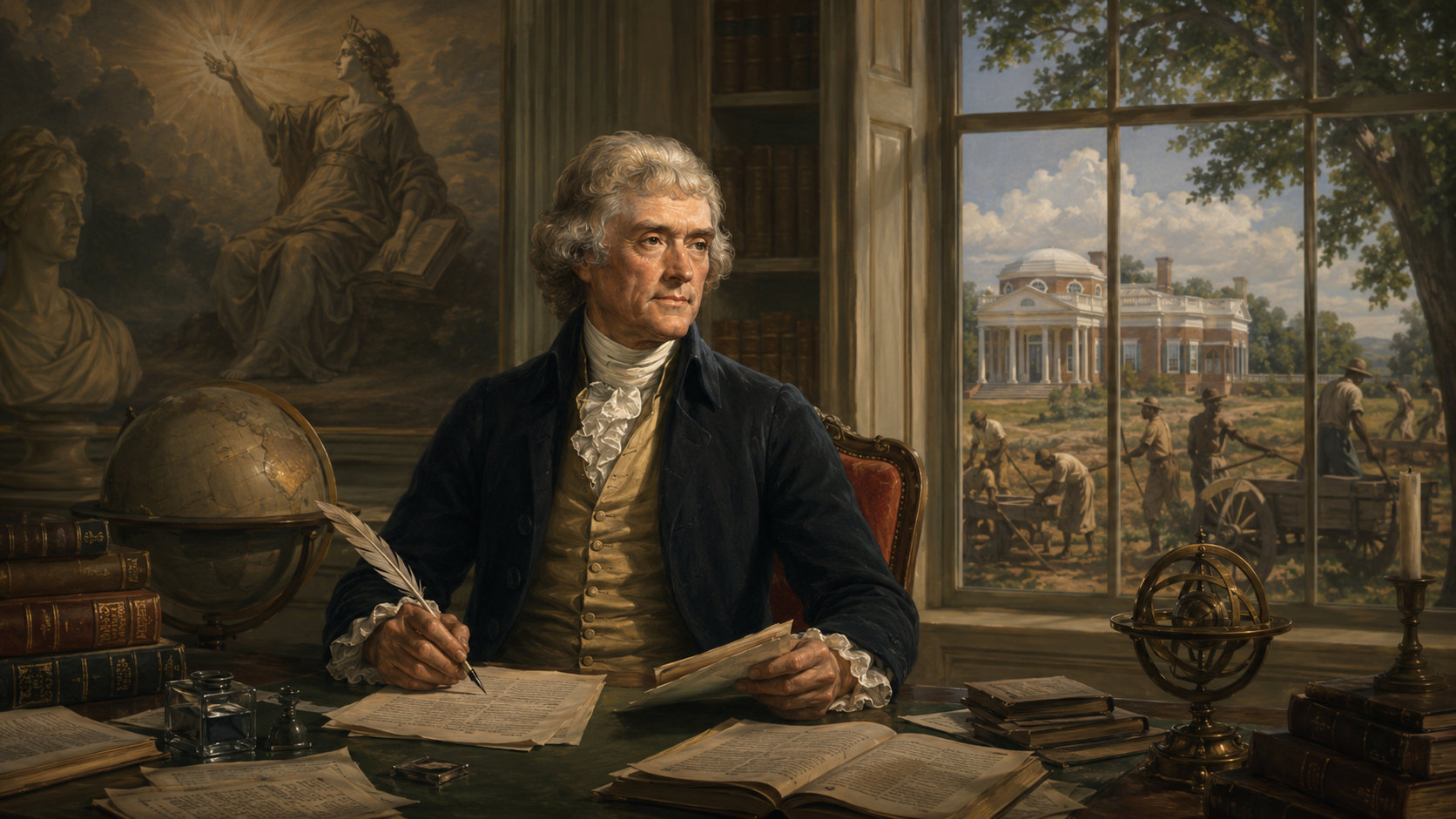 Thomas Jefferson ve své pracovně s plantáží a zotročenými lidmi v pozadí